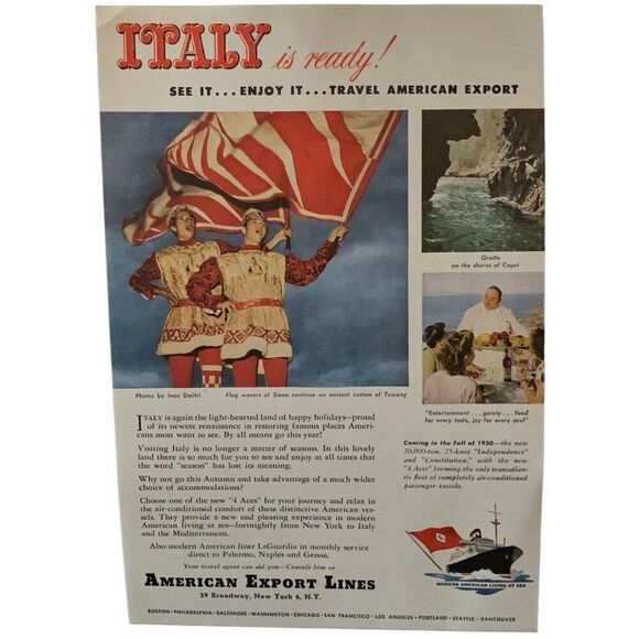 Vintage 1949 American Export Lines Italy is Ready Ad Advertisement - Picture 2 of 4